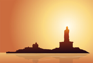 Sunset Silhouette of Vivekananda Rock Memorial and Thiruvalluvar Statue - Kanyakumari Tamilnadu India - Stock Illustration