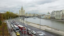 Moscow River, Moskvoretskaya Embankment And The Famous Stalin's High-rises On Kotelnicheskaya Embankment, One Of The Seven Sisters