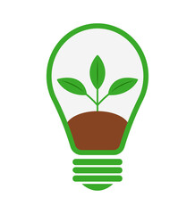 Ecology concept, leaves, soil. There are leaves inside the light bulb. Vector illustration