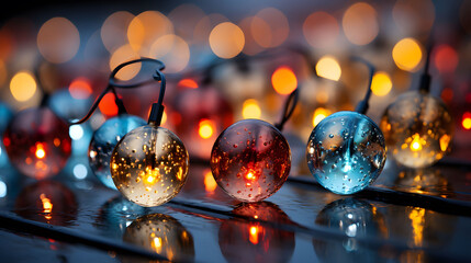 Wall Mural - christmas colorful light bulbs on bokeh background. christmas and new year concept. glowing christma