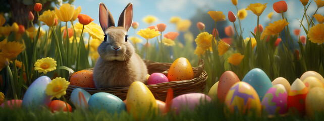 Easter bunny with basket of eggs and tulips on green grass. Happy Easter! Beautiful Easter background.