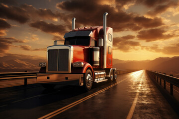 Wall Mural - In the logistics industry, a massive cargo truck speeds along a desert highway, hauling freight under a vibrant sunset, symbolizing efficient transportation and supply chain management.