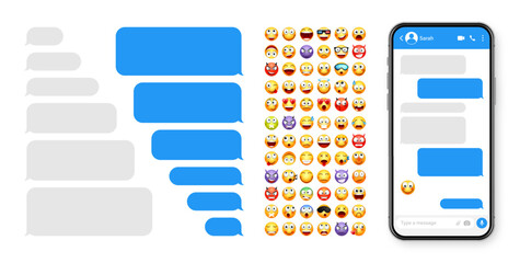 Smartphone messaging app, user interface design with emoji. SMS text frame. Chat screen with blue message bubbles. Texting app for communication. Social media application. Vector illustration