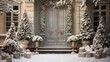 Festive outdoor decorations with snowy trees and a wreath
