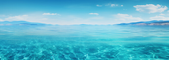  Boat in turquoise ocean sea against blue sky with white clouds and tropical island. Natural tropical landscape for summer vacation, panoramic view.