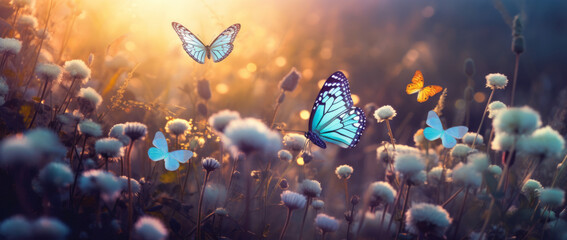 beautiful blue butterfly on golde and purple flower buds on a soft blurred blue background. soft rom