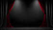 Fondo negro de escenario o teatro con cortinas negras y cortinas rojas e iluminación estilo reflectores