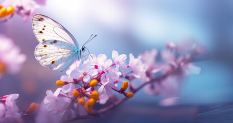 Beautiful white butterfly on white flower buds on a soft blurred blue background spring or summer in nature. Gentle romantic dreamy artistic image, beautiful round bokeh.