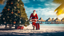 Man Dressed As Santa Claus Walking On Beach With Christmas Tree.