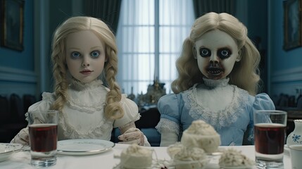 Scary doll scene. Creepy horror atmosphere. Demonic horrific.