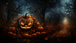 Gruselige Halloween Dekorationen als Hintergrund und Druckvorlage im Querformat für Banner, ai generativ