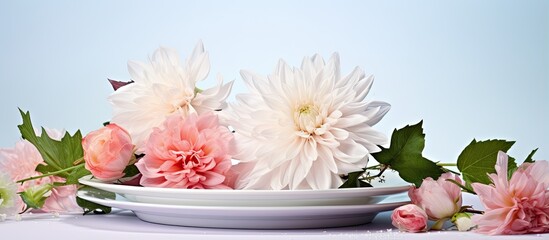 Poster - Summer party table adorned with floral centerpiece featuring roses dahlias and hortensias complemented by white plates and tablecloth in a romantic wedding reception setting With copyspace f