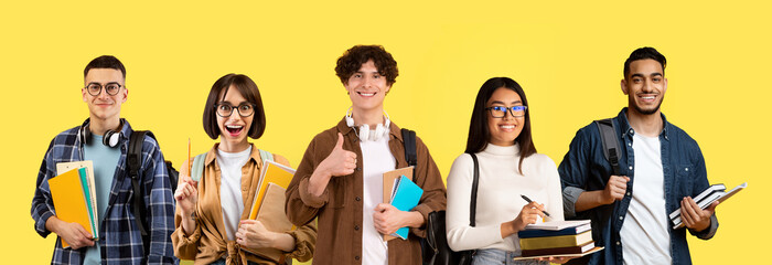 Composite Image With Diverse Happy Multiethnic Students Posing Isolated On Yellow Background