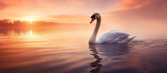 Sticker - Swan drifting on water at sunrise