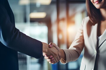 Wall Mural - female manager shaking hands with businesswoman at office. making contract deal with client at work. generative AI