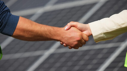 Close up of handshake on solar panel background outside. Female engineer shakes hands with partner in agreement.