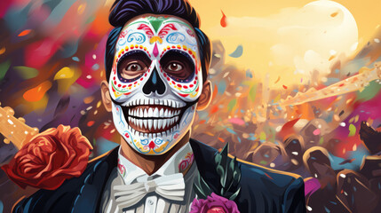 illustration of a man dressed in Mexican clothing with a skeleton face on the parade day of the dead