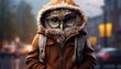 owl in warm autumn clothes. Created in AI