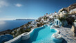 Atemberaubende Landschaft mit weißer abstrakter  Architektur und Pool in Griechenland in Querformat für Banner, ai generativ