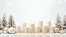 White Candles Nestled Among Green Fir Branches, Accented With Subtle Christmas Decorations. Elegant Arrangement Against A Clean White Background, Leaving Plenty Of Room For Adding Your Holiday Message