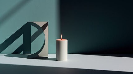 Poster -  a candle sitting next to a box with a shadow on it.  generative ai