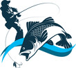 Fisherman with a fishing rod and fish on the wave. Design for fishing, outdoor activities and sea food