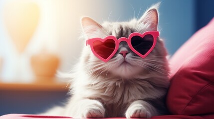 Wall Mural - Love-struck cat behind heart-shaped sunglasses, basking in the warm glow of affection and soft lighting. Happy Valentine's Day.