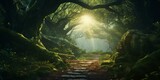 Fototapeta  - enchanted path through magical forest cinematic 4k