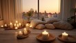 a minimalist meditation space with candles as the focal point. a serene area where one can unwind and find inner peace through meditation, all bathed in the gentle light of candles.