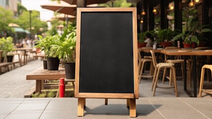 Poster -  a blackboard sign sitting on top of a sidewalk next to tables.  generative ai