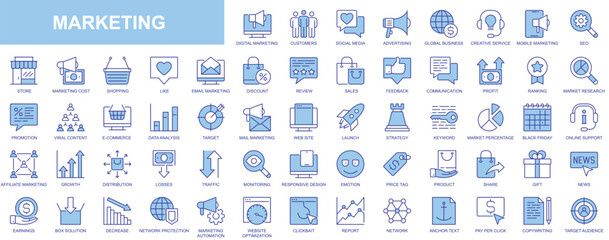 Poster - Marketing web icons set in blue line design. Pack of social media, advertising, global business, seo, viral content, online shopping, review, sale, feedback and other. Vector outline stroke pictograms