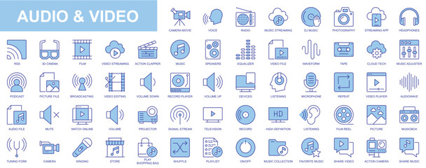 Poster - Audio and video web icons set in blue line design. Pack of camera movie, voice, radio, music streaming, photography, headphones, cinema, podcast, broadcasting, other. Vector outline stroke pictograms