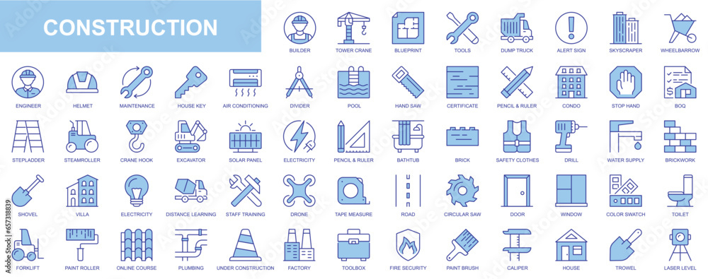 Construction web icons set in blue line design. Pack of builder, tower ...