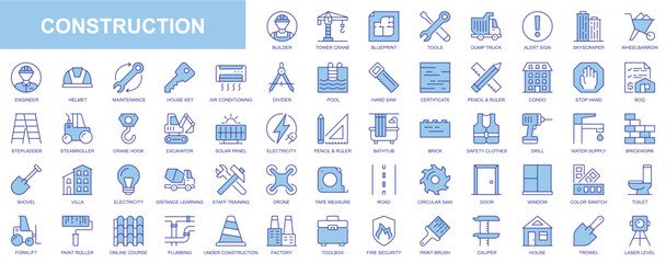 Aufkleber - Construction web icons set in blue line design. Pack of builder, tower, blueprint, tools, skyscraper, wheelbarrow, engineer, helmet, maintenance, house, supply, other. Vector outline stroke pictograms