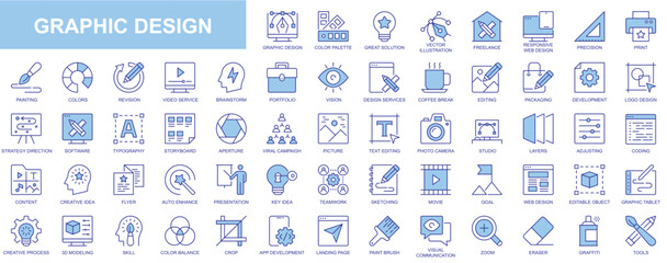 Fototapete - Graphic design web icons set in blue line design. Pack of color palette, solution, freelance, print, painting, video service, brainstorming, portfolio, editing, other. Vector outline stroke pictograms