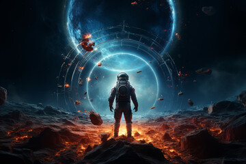 an astronaut standing on the edge of a gravitational anomaly, where space appears to curve and stret