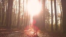 LENS FLARE: Athletic Lady On Morning Run With Her Dog In Beautiful Autumn Forest. They Are Running Along A Leafy Path Under Tall Deciduous Trees In Golden Light. Sport Activity In Colorful Fall Season