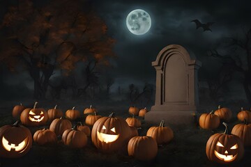 a cemetery with pumpkins and a cemetery stone

