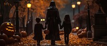 Children Accompanied By Their Mother Going Trick Or Treating With Copyspace For Text