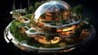 © M Arif - a miniature futuristic space colony habitat with domes, solar panels, and living quarters. Incorporate advanced technology details.
