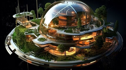 a miniature futuristic space colony habitat with domes, solar panels, and living quarters. incorpora