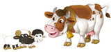 Fototapeta Pokój dzieciecy - cartoon scene with happy farm animal cow looking and smiling and two sheep friends isolated illustration for children