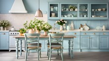 A Kitchen With Blue Cabinets And A Wooden Table. Farmhouse Interior Kitchen With Light Blue Color