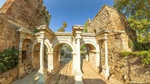 The Ancient Archway Hadrian's Gate In Antalya Of Turkey, Marvel Of Roman Architecture. Dating To 2nd Century AD. Welcomes Visitors With Its Grandeur Offering A Glimpse Into City's Rich Historical Past