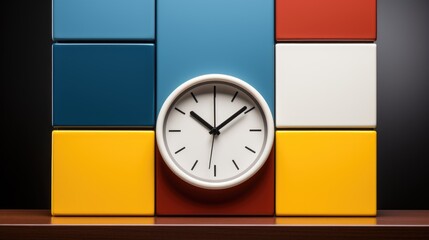 Poster - A clock sitting on a table with colorful blocks, AI