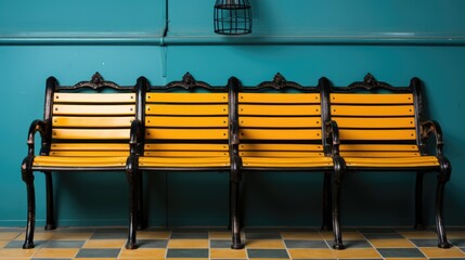 Sticker - Three yellow wooden benches against a blue wall, AI