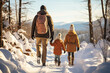 A family is on skis, walking up a snow covered trail