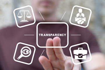 Wall Mural - man using virtual touchscreen clicks word: transparency. business transparency concept. honest and c