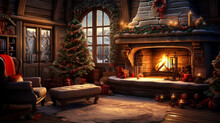 Cozy Winter Charm, Charming log cabin fireplace illustration set in a picturesque Christmas scene