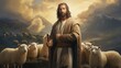 Jesus Christ is our lord and god, the savior of mankind, the shepherd, protects animals and people, grazes sheep and goats on a green field